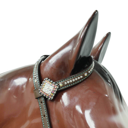 Western Horse Headstall Set Decorated with Turquoise and Green Holographic Alligator Print with Silver Studs and Rhinestone Berry Conchos MOUSM