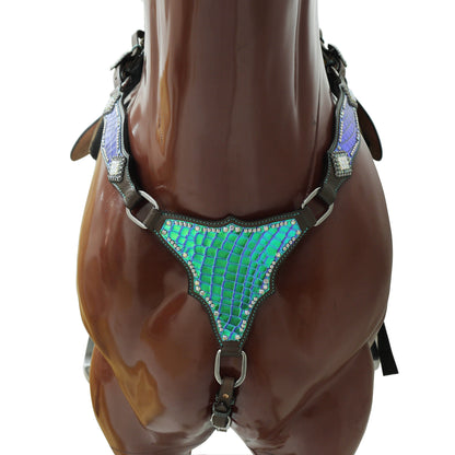 Western Horse Headstall Set Decorated with Turquoise and Green Holographic Alligator Print with Silver Studs and Rhinestone Berry Conchos MOUSM