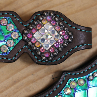 Western Horse Headstall Set Decorated with Turquoise and Green Holographic Alligator Print with Silver Studs and Rhinestone Berry Conchos MOUSM