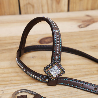 Western Horse Headstall Set Decorated with Turquoise and Green Holographic Alligator Print with Silver Studs and Rhinestone Berry Conchos MOUSM