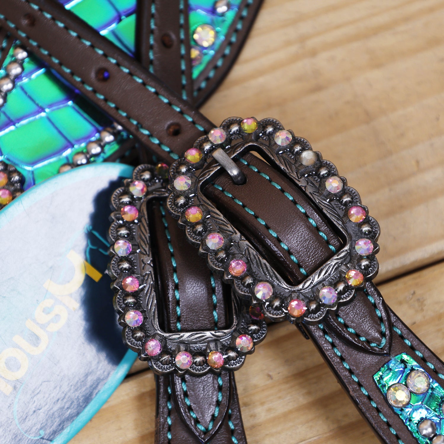 Western Horse Headstall Set Decorated with Turquoise and Green Holographic Alligator Print with Silver Studs and Rhinestone Berry Conchos MOUSM