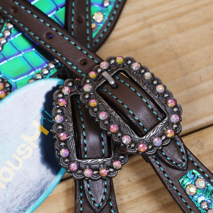Western Horse Headstall Set Decorated with Turquoise and Green Holographic Alligator Print with Silver Studs and Rhinestone Berry Conchos MOUSM