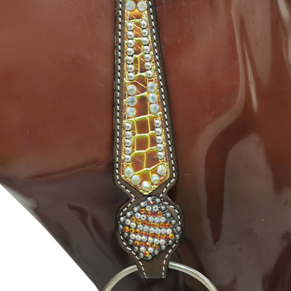 Western Leather Headstall Breast Collar Set Decorated with Orange and Yellow Holographic Alligator Print with Silver Studs and Rhinestone Berry Conchos MOUSM