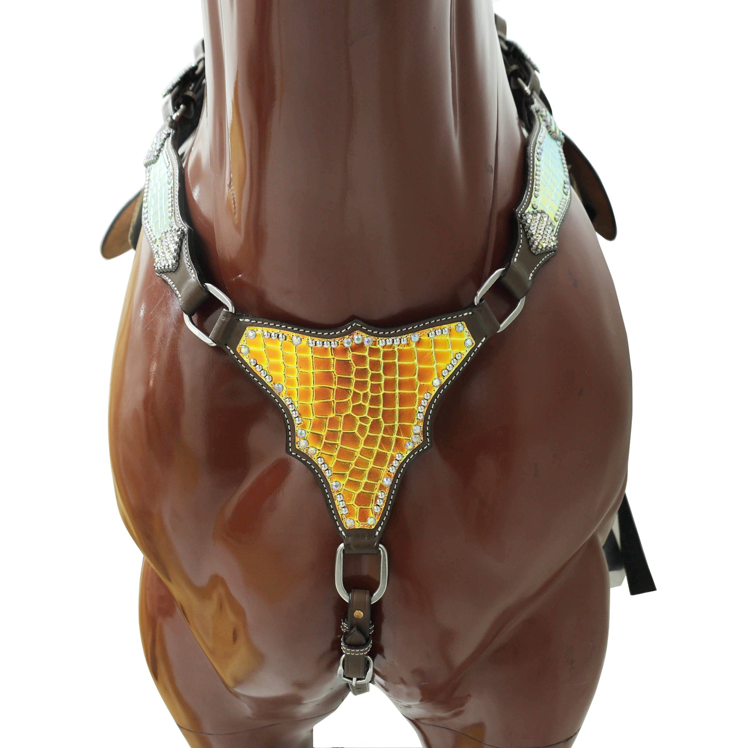 Western Leather Headstall Breast Collar Set Decorated with Orange and Yellow Holographic Alligator Print with Silver Studs and Rhinestone Berry Conchos MOUSM
