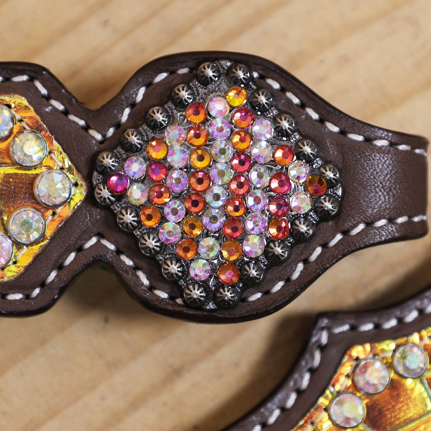 Western Leather Headstall Breast Collar Set Decorated with Orange and Yellow Holographic Alligator Print with Silver Studs and Rhinestone Berry Conchos MOUSM
