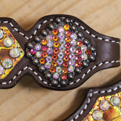 Western Leather Headstall Breast Collar Set Decorated with Orange and Yellow Holographic Alligator Print with Silver Studs and Rhinestone Berry Conchos MOUSM