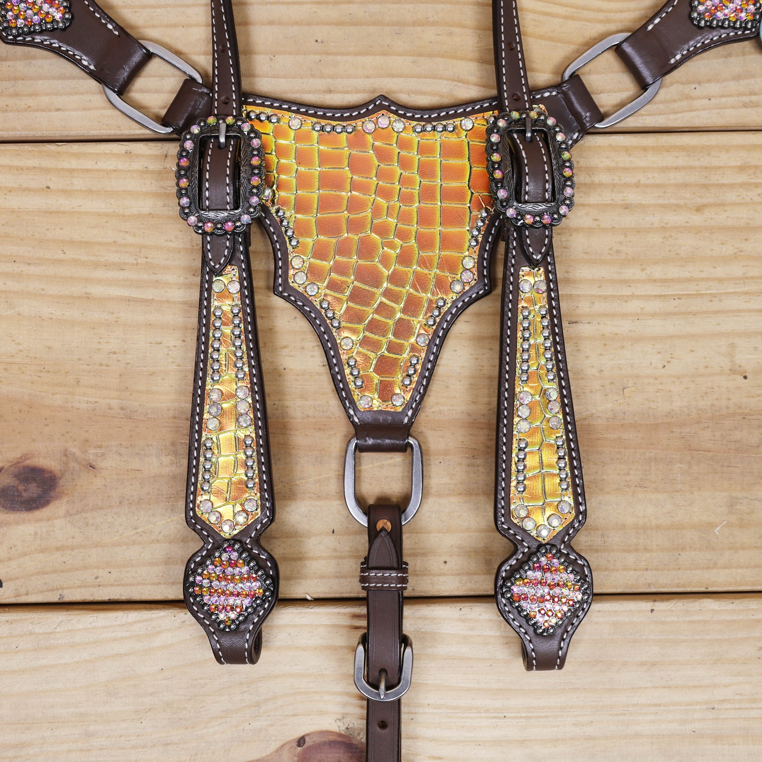 Western Leather Headstall Breast Collar Set Decorated with Orange and Yellow Holographic Alligator Print with Silver Studs and Rhinestone Berry Conchos MOUSM