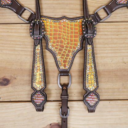 Western Leather Headstall Breast Collar Set Decorated with Orange and Yellow Holographic Alligator Print with Silver Studs and Rhinestone Berry Conchos MOUSM
