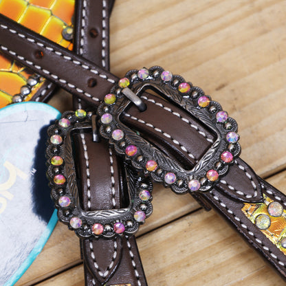 Western Leather Headstall Breast Collar Set Decorated with Orange and Yellow Holographic Alligator Print with Silver Studs and Rhinestone Berry Conchos MOUSM