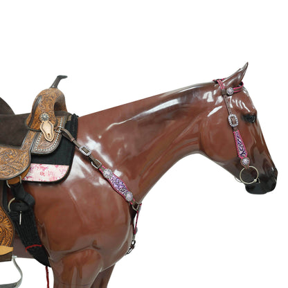 Western Leather Headstall and Breast Collar Set with Pink and Purple Flower Embossed Leather with Pink Wipe Stitching and Rhinestone Berry Concho MOUSM