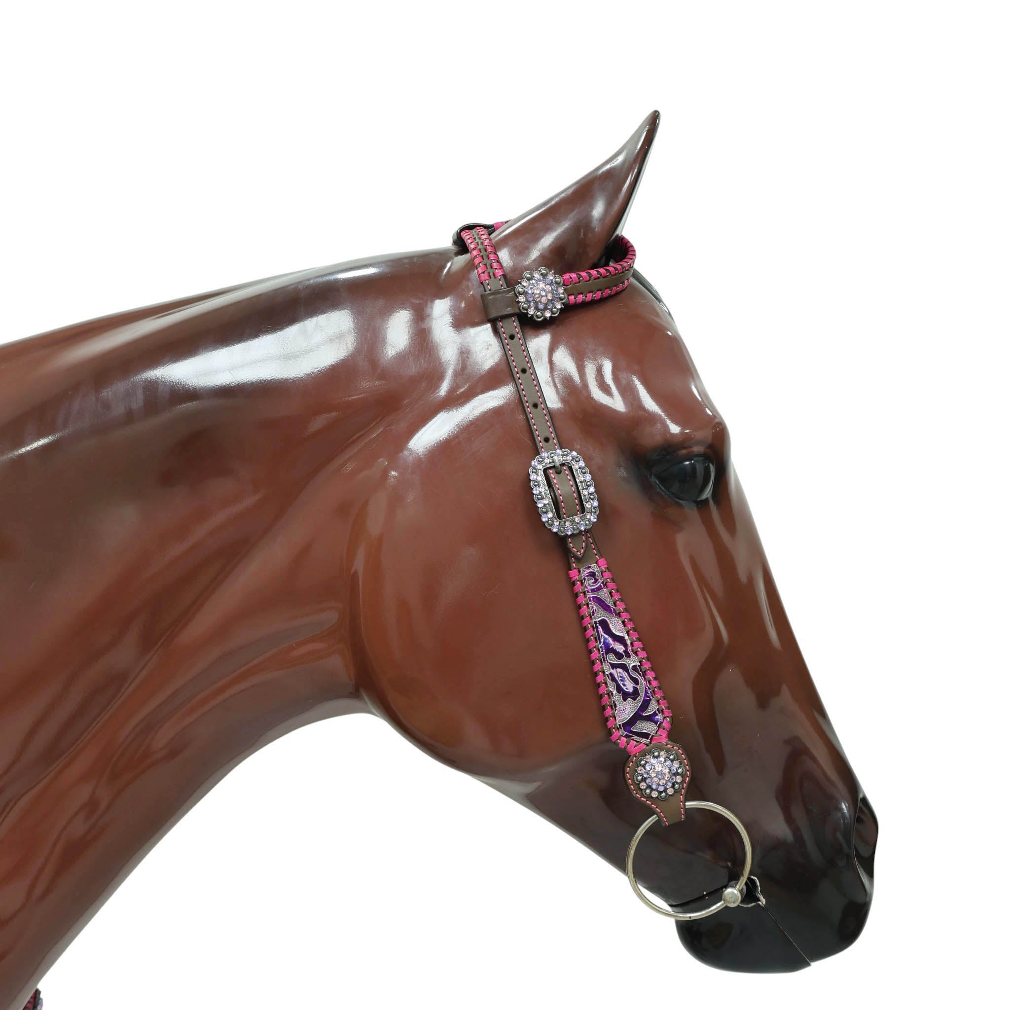 Western Leather Headstall and Breast Collar Set with Pink and Purple Flower Embossed Leather with Pink Wipe Stitching and Rhinestone Berry Concho MOUSM