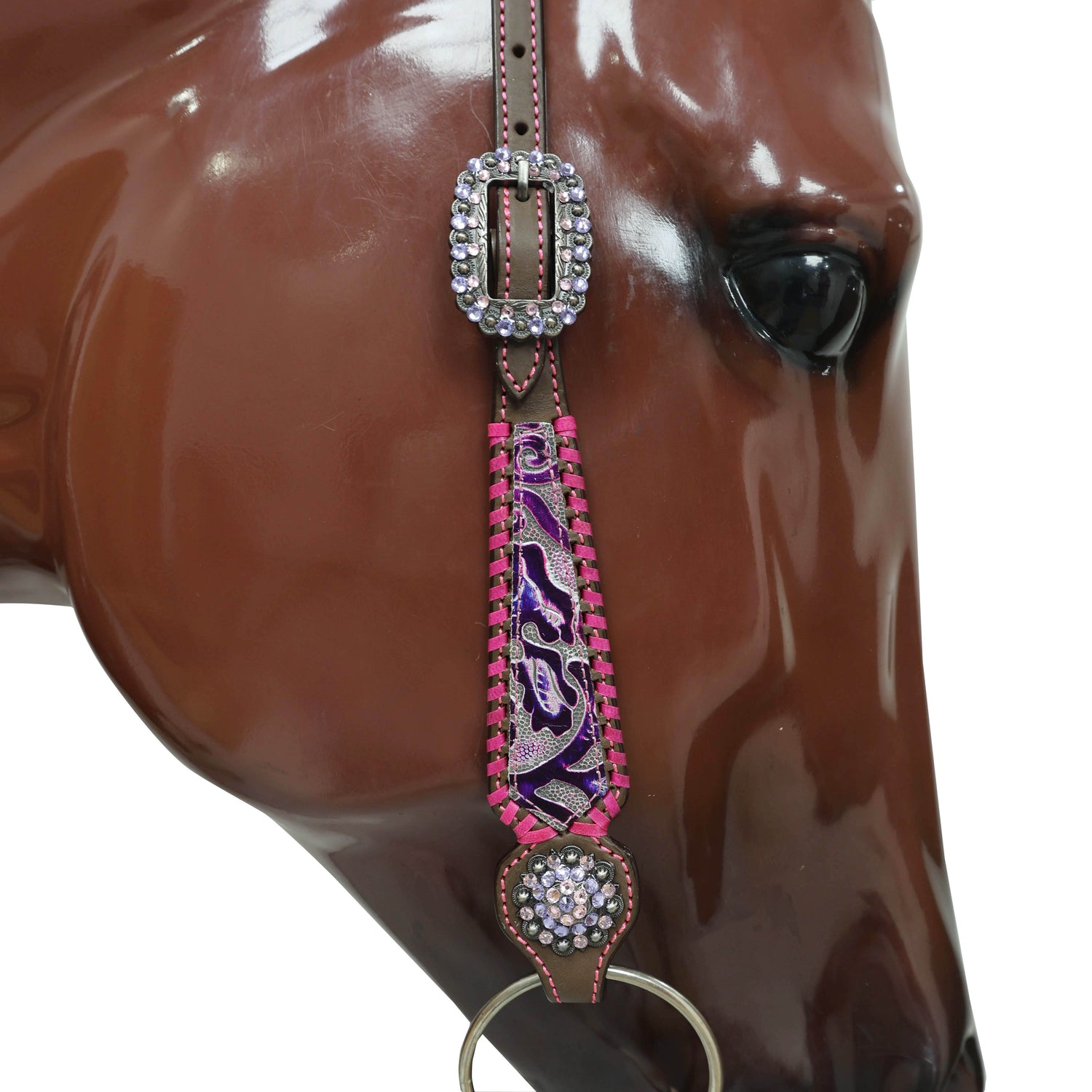 Western Leather Headstall and Breast Collar Set with Pink and Purple Flower Embossed Leather with Pink Wipe Stitching and Rhinestone Berry Concho MOUSM