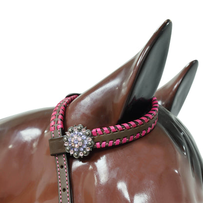 Western Leather Headstall and Breast Collar Set with Pink and Purple Flower Embossed Leather with Pink Wipe Stitching and Rhinestone Berry Concho MOUSM