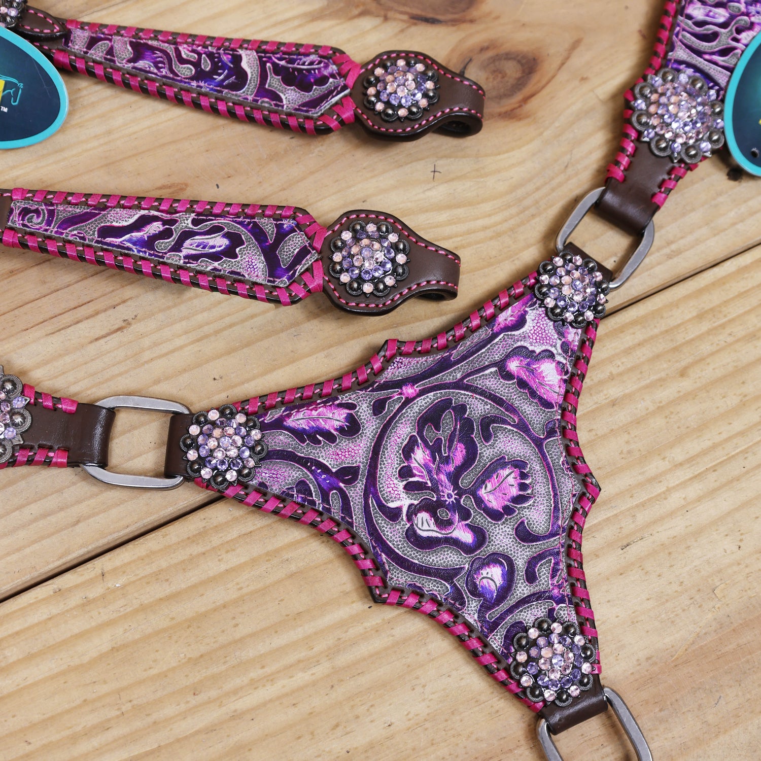 Western Leather Headstall and Breast Collar Set with Pink and Purple Flower Embossed Leather with Pink Wipe Stitching and Rhinestone Berry Concho MOUSM