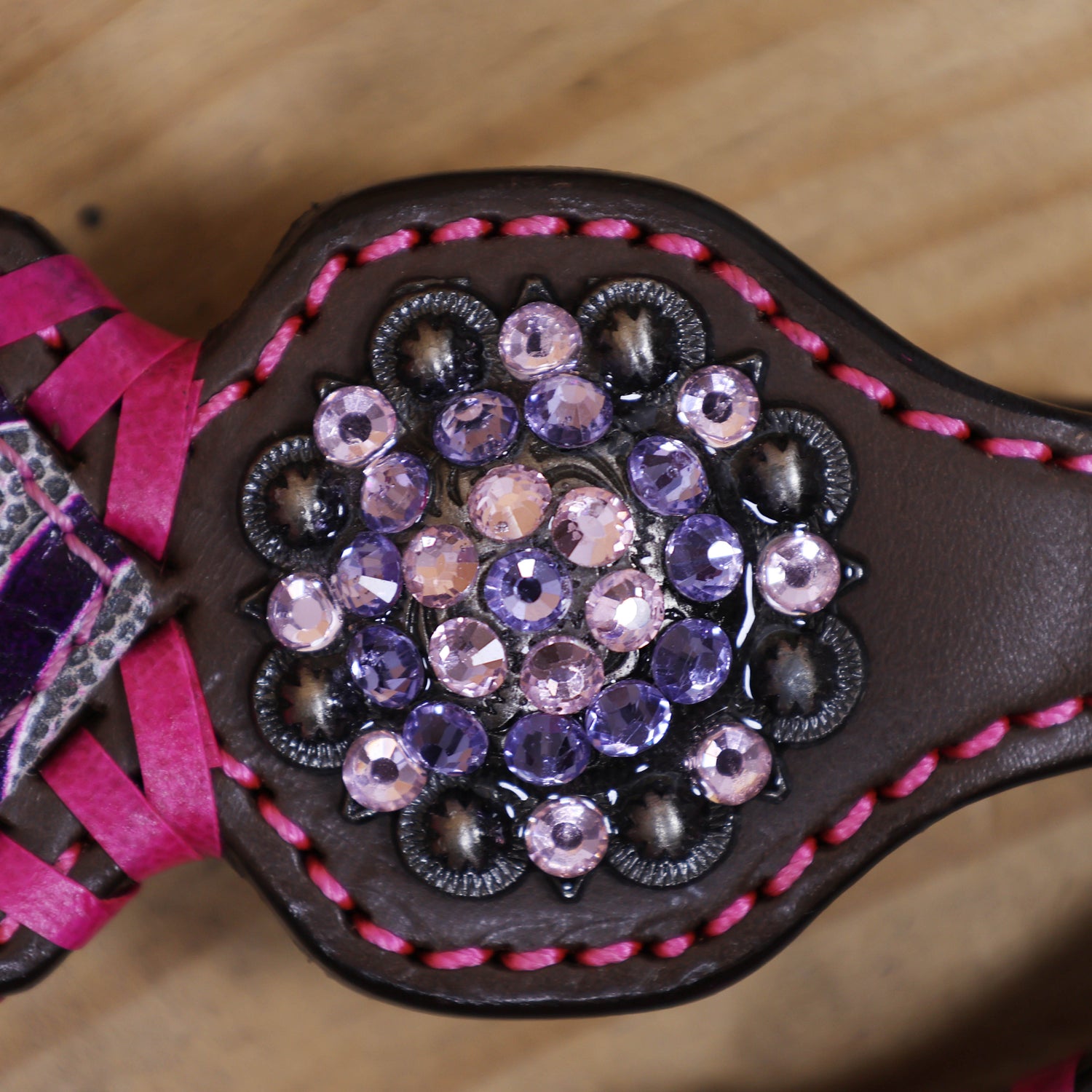 Western Leather Headstall and Breast Collar Set with Pink and Purple Flower Embossed Leather with Pink Wipe Stitching and Rhinestone Berry Concho MOUSM