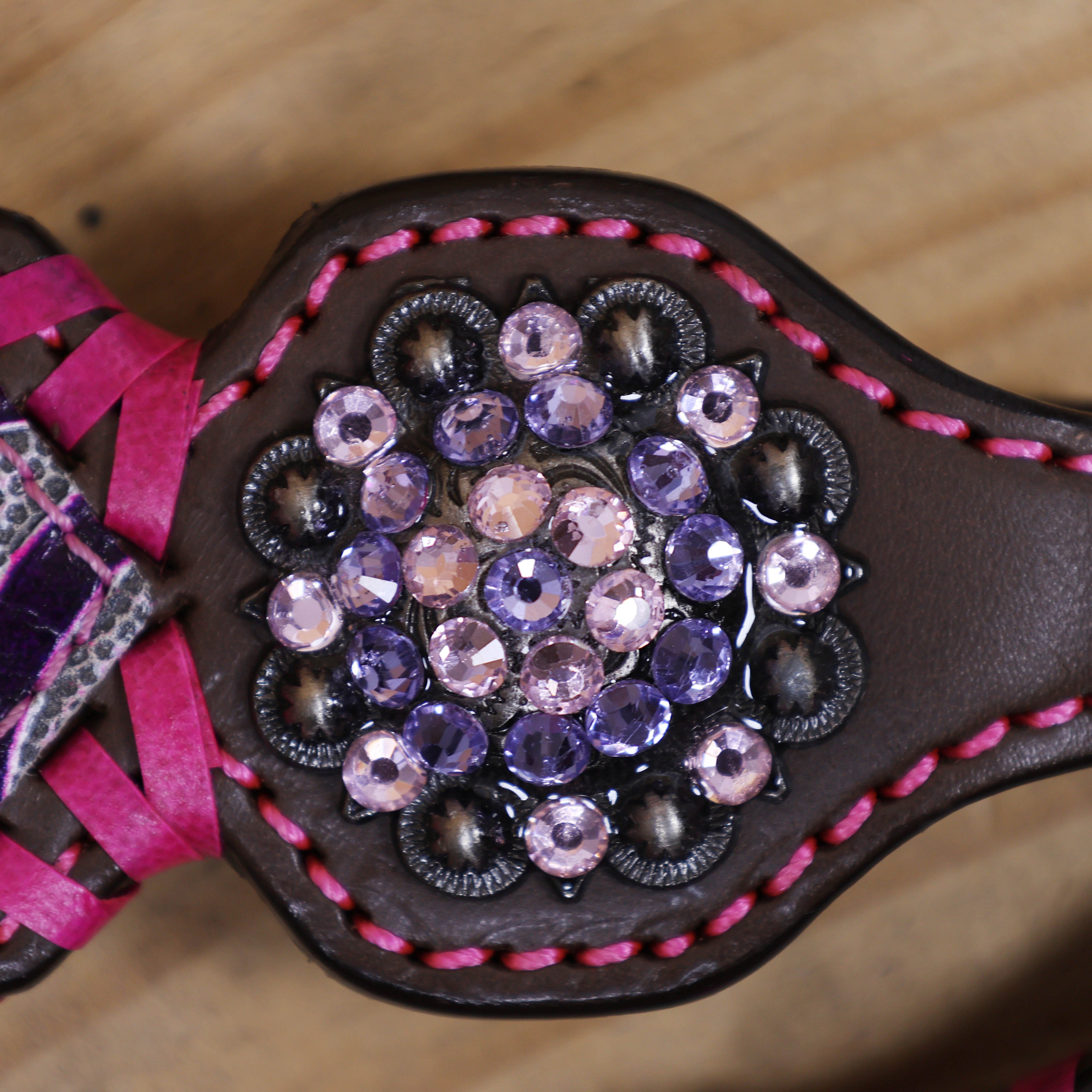 Western Leather Headstall and Breast Collar Set with Pink and Purple Flower Embossed Leather with Pink Wipe Stitching and Rhinestone Berry Concho MOUSM