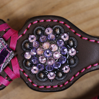 Western Leather Headstall and Breast Collar Set with Pink and Purple Flower Embossed Leather with Pink Wipe Stitching and Rhinestone Berry Concho MOUSM