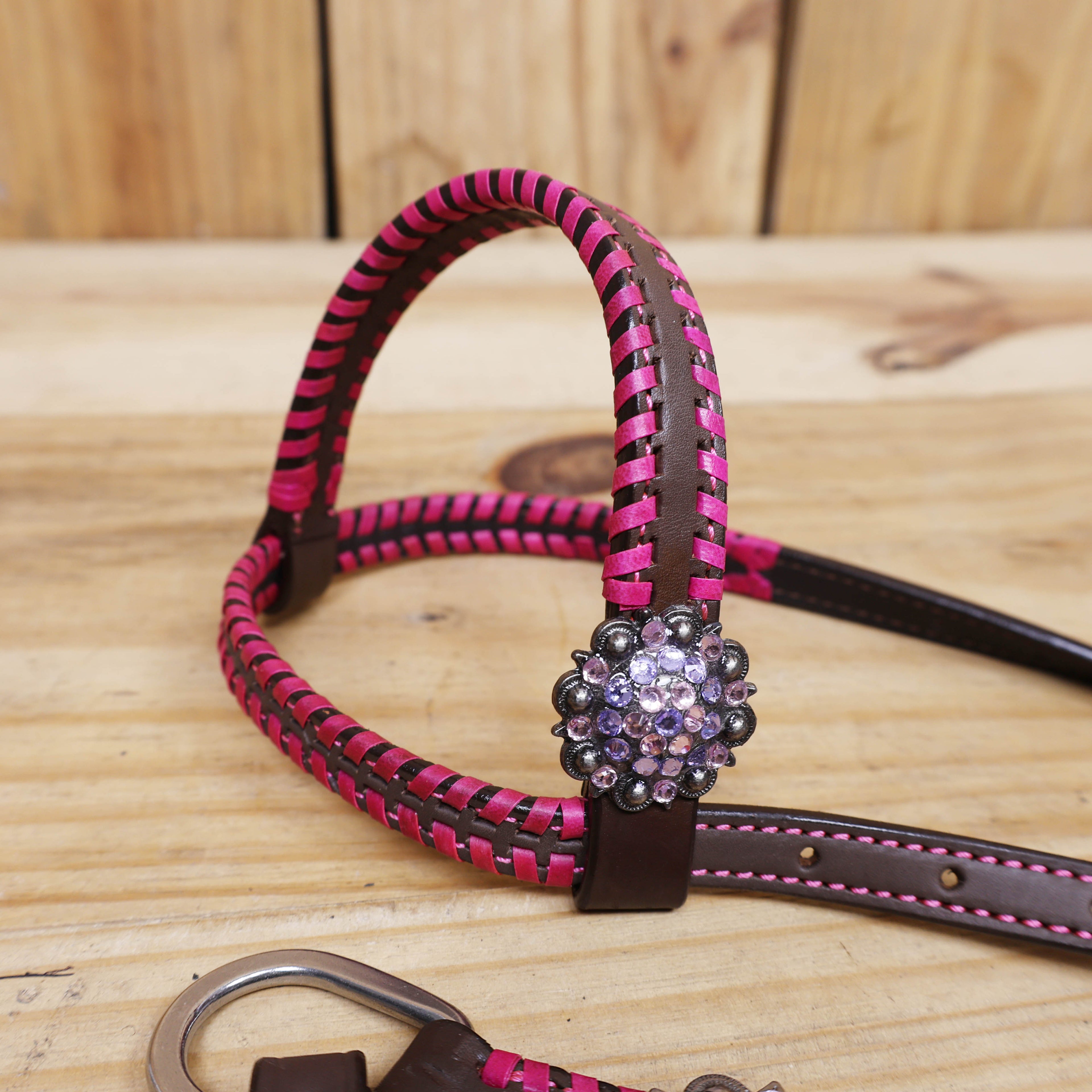 Western Leather Headstall and Breast Collar Set with Pink and Purple Flower Embossed Leather with Pink Wipe Stitching and Rhinestone Berry Concho MOUSM
