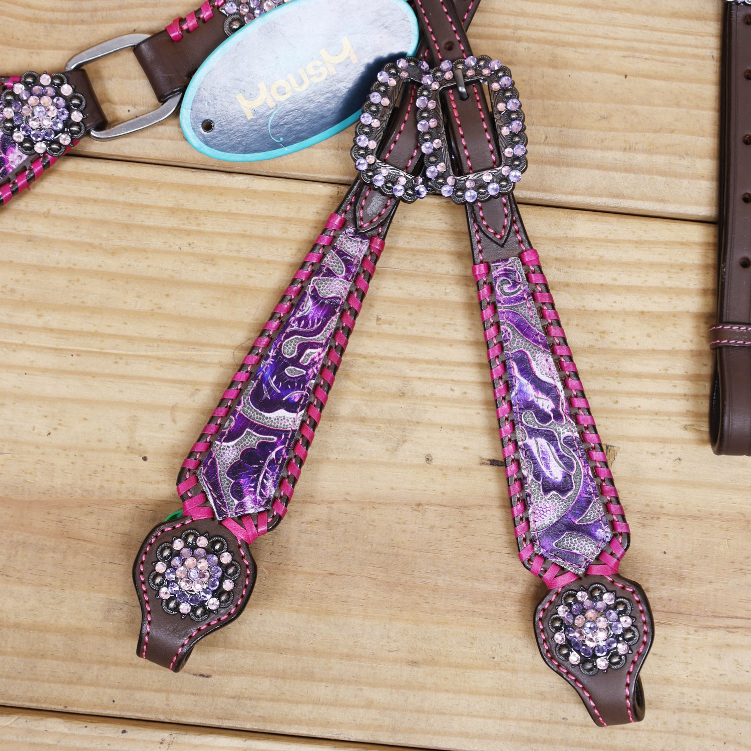 Western Leather Headstall and Breast Collar Set with Pink and Purple Flower Embossed Leather with Pink Wipe Stitching and Rhinestone Berry Concho MOUSM