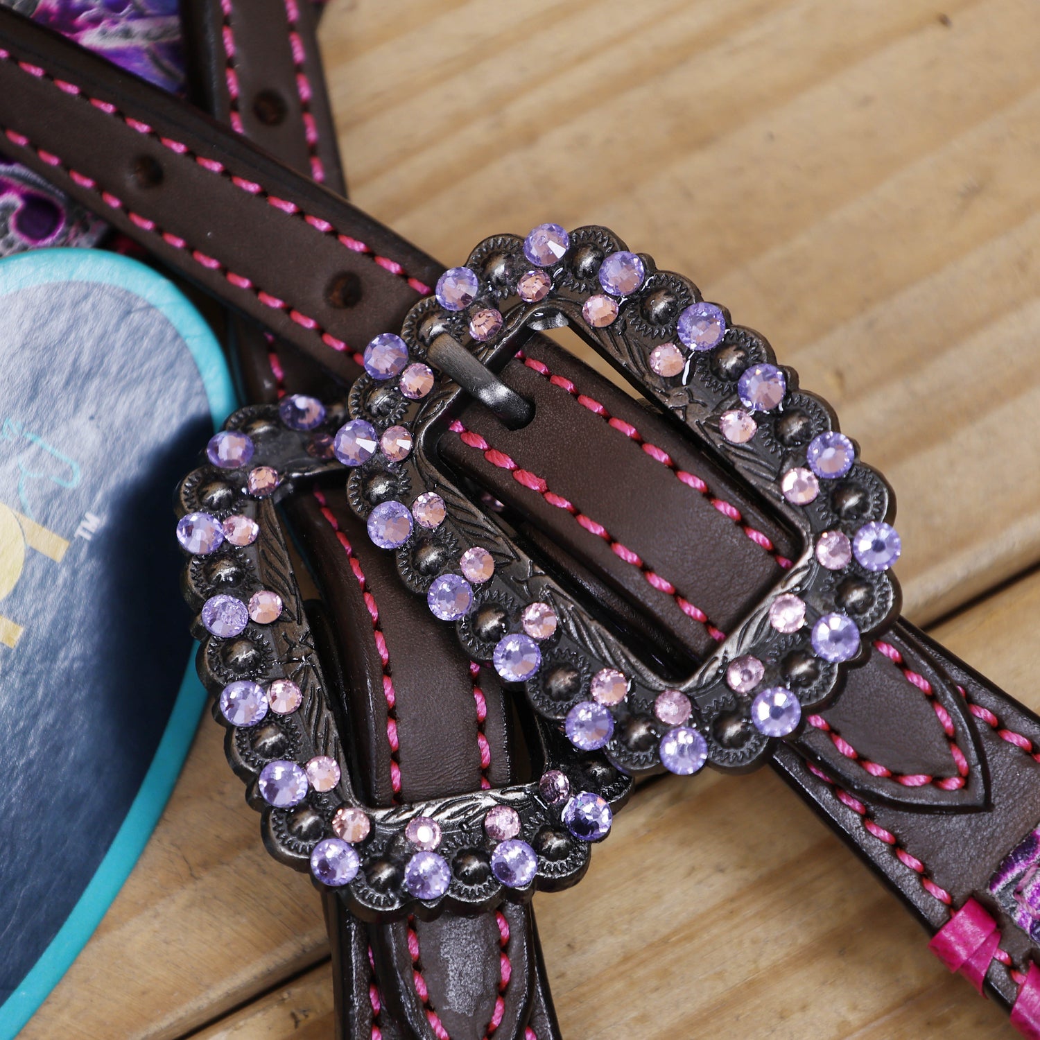 Western Leather Headstall and Breast Collar Set with Pink and Purple Flower Embossed Leather with Pink Wipe Stitching and Rhinestone Berry Concho MOUSM