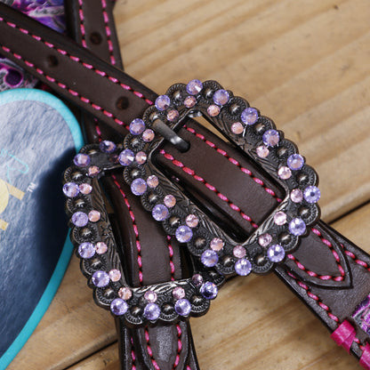 Western Leather Headstall and Breast Collar Set with Pink and Purple Flower Embossed Leather with Pink Wipe Stitching and Rhinestone Berry Concho MOUSM