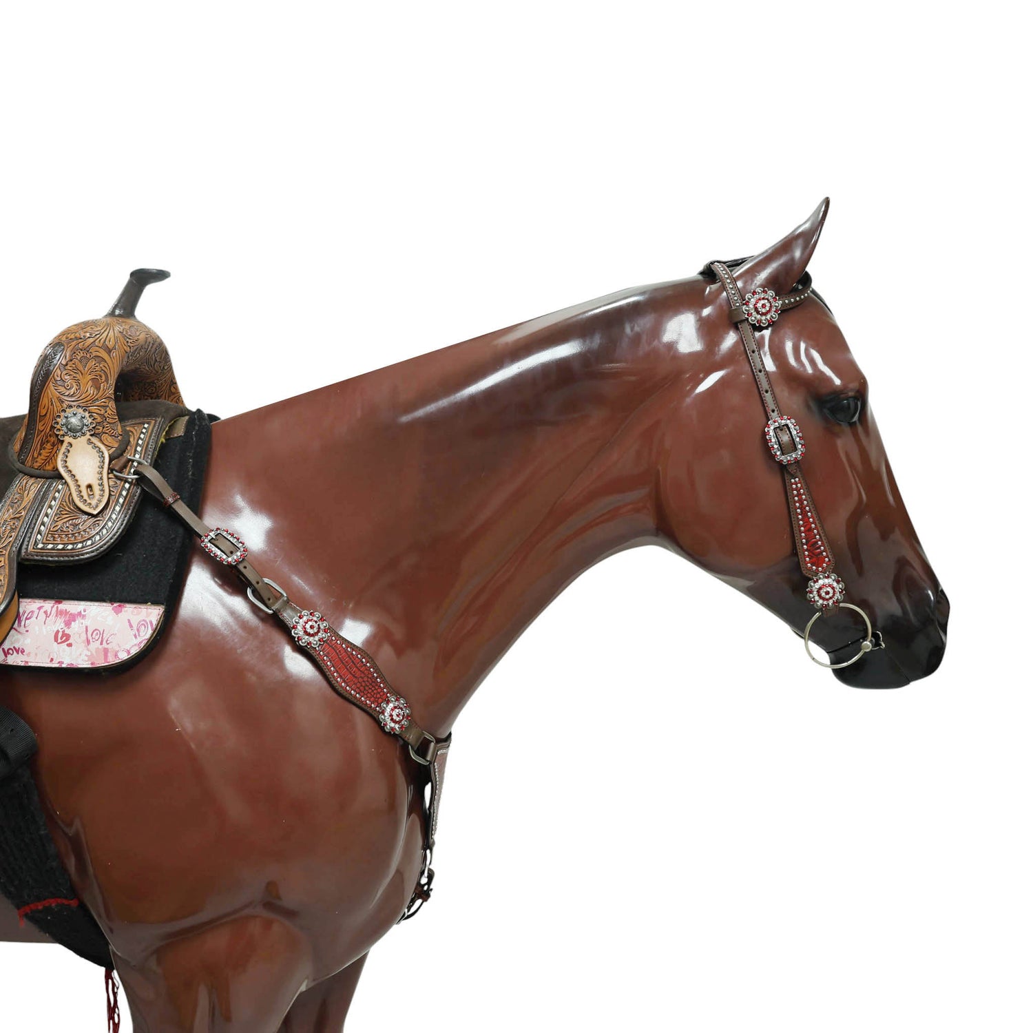 Western Headstall and Breast Collar Set Decorated with Red Alligator Print, Silver Studs, and Red-White Rhinestone Berry Conchos MOUSM