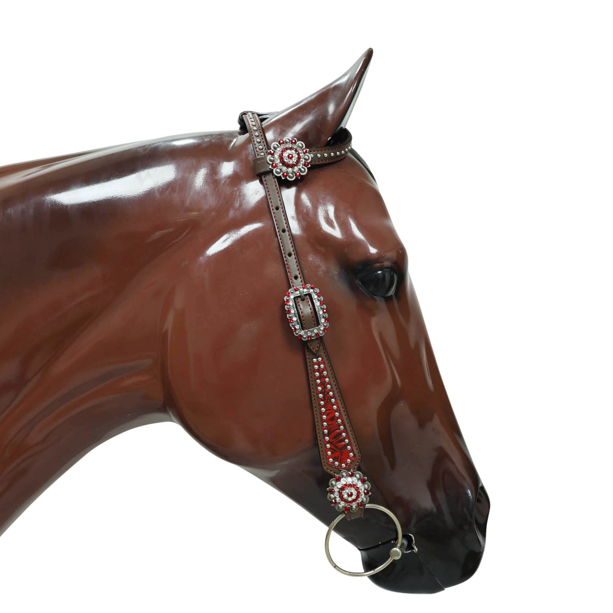 Western Headstall and Breast Collar Set Decorated with Red Alligator Print, Silver Studs, and Red-White Rhinestone Berry Conchos MOUSM