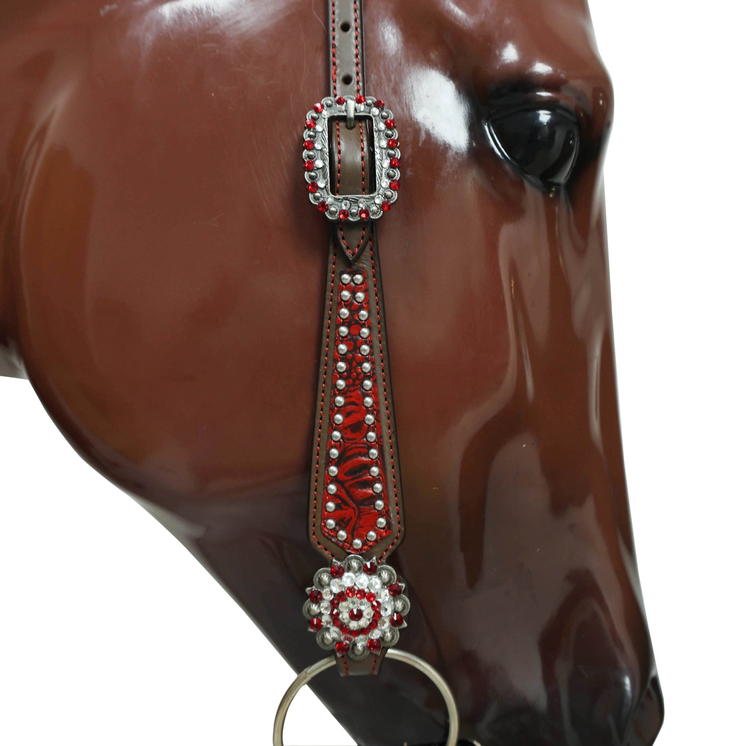 Western Headstall and Breast Collar Set Decorated with Red Alligator Print, Silver Studs, and Red-White Rhinestone Berry Conchos MOUSM