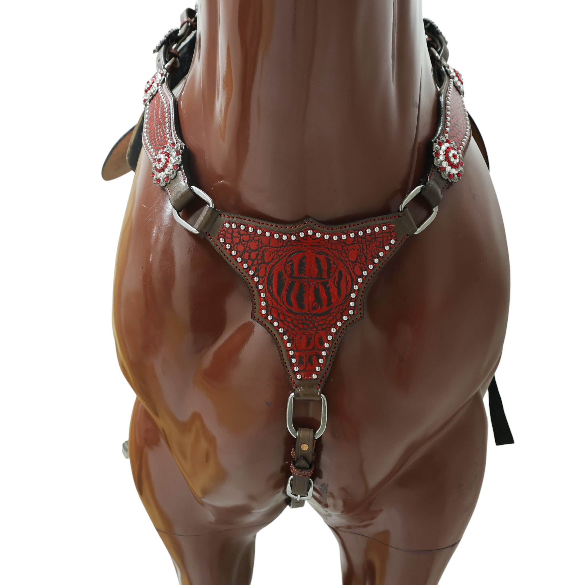 Western Headstall and Breast Collar Set Decorated with Red Alligator Print, Silver Studs, and Red-White Rhinestone Berry Conchos MOUSM