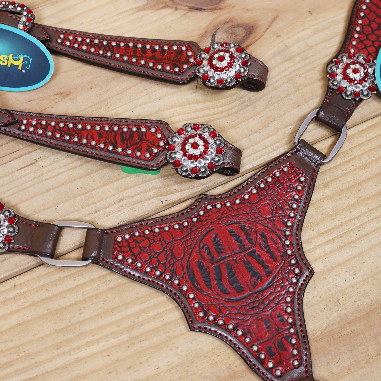 Western Headstall and Breast Collar Set Decorated with Red Alligator Print, Silver Studs, and Red-White Rhinestone Berry Conchos MOUSM