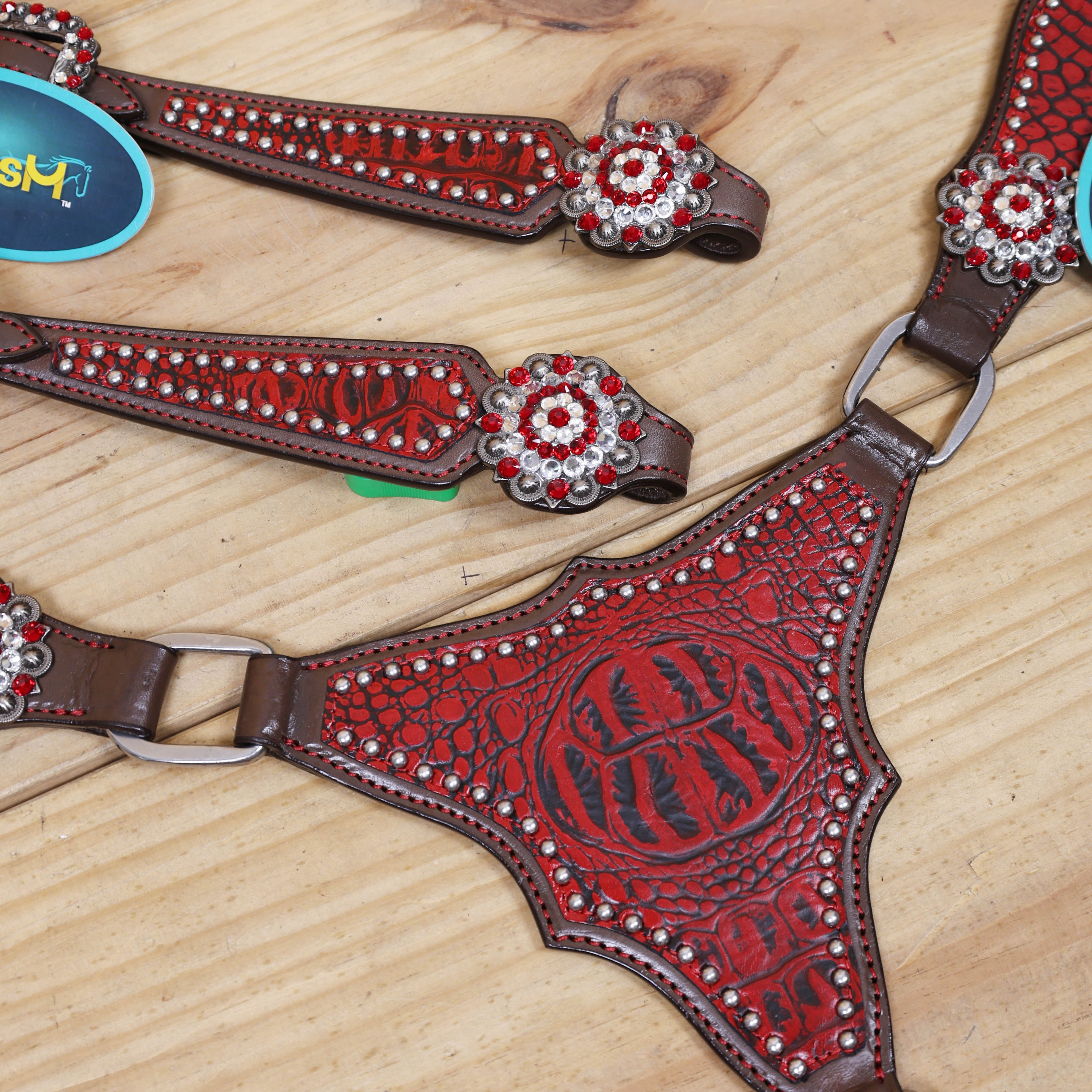 Western Headstall and Breast Collar Set Decorated with Red Alligator Print, Silver Studs, and Red-White Rhinestone Berry Conchos MOUSM