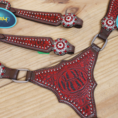 Western Headstall and Breast Collar Set Decorated with Red Alligator Print, Silver Studs, and Red-White Rhinestone Berry Conchos MOUSM