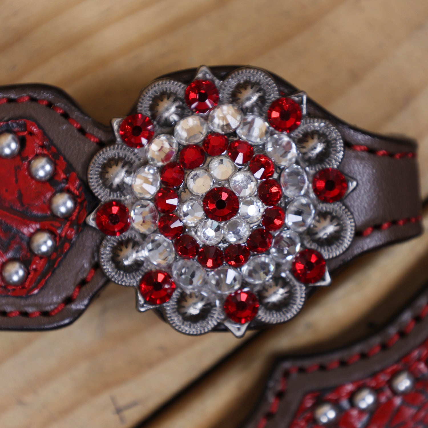 Western Headstall and Breast Collar Set Decorated with Red Alligator Print, Silver Studs, and Red-White Rhinestone Berry Conchos MOUSM