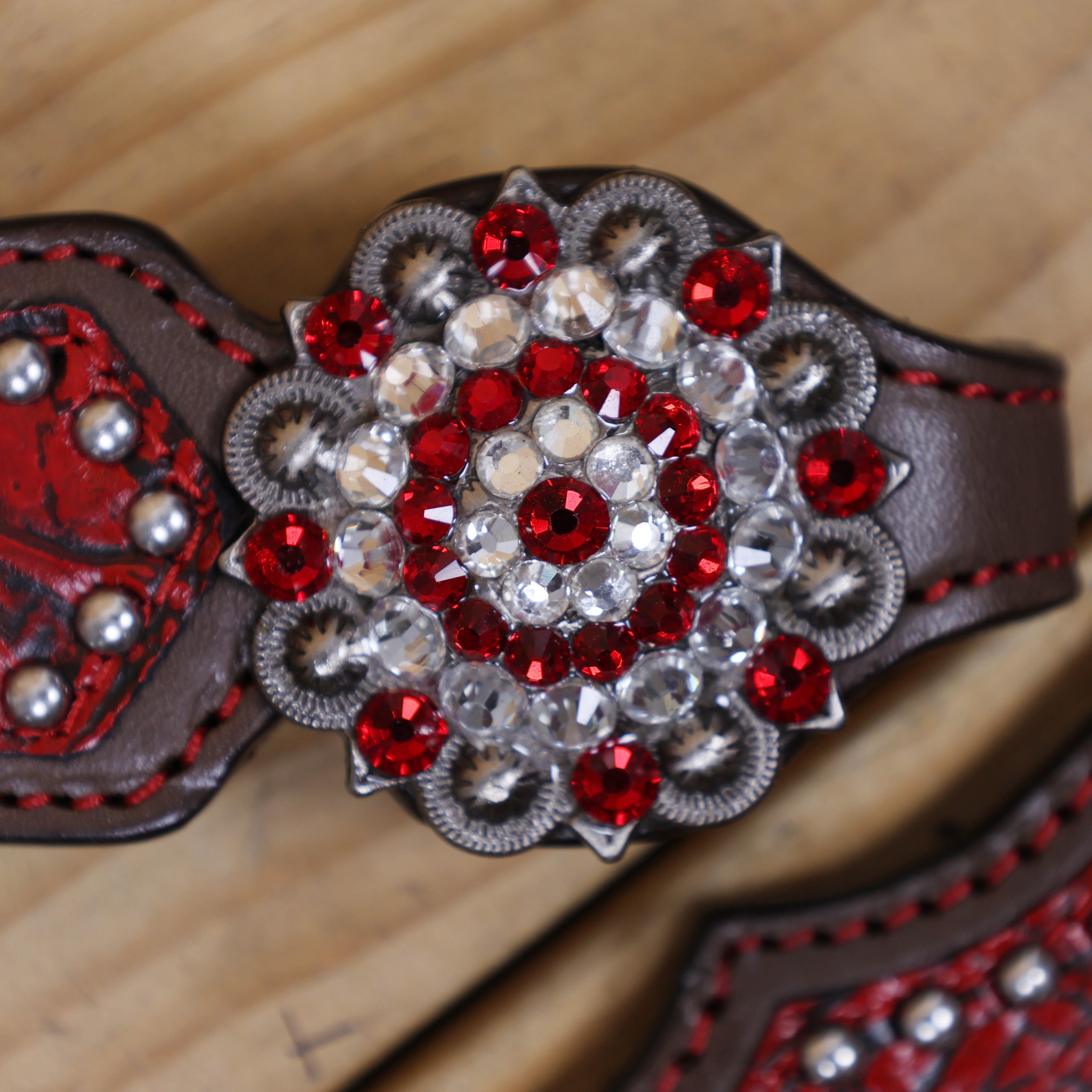 Western Headstall and Breast Collar Set Decorated with Red Alligator Print, Silver Studs, and Red-White Rhinestone Berry Conchos MOUSM