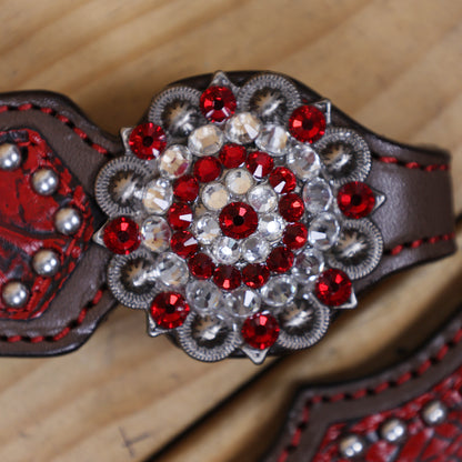 Western Headstall and Breast Collar Set Decorated with Red Alligator Print, Silver Studs, and Red-White Rhinestone Berry Conchos MOUSM