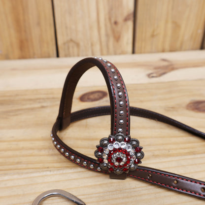 Western Headstall and Breast Collar Set Decorated with Red Alligator Print, Silver Studs, and Red-White Rhinestone Berry Conchos MOUSM