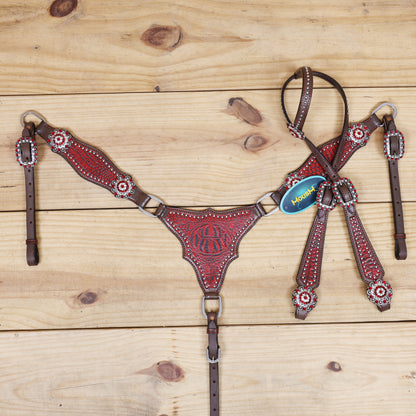 Western Headstall and Breast Collar Set Decorated with Red Alligator Print, Silver Studs, and Red-White Rhinestone Berry Conchos MOUSM