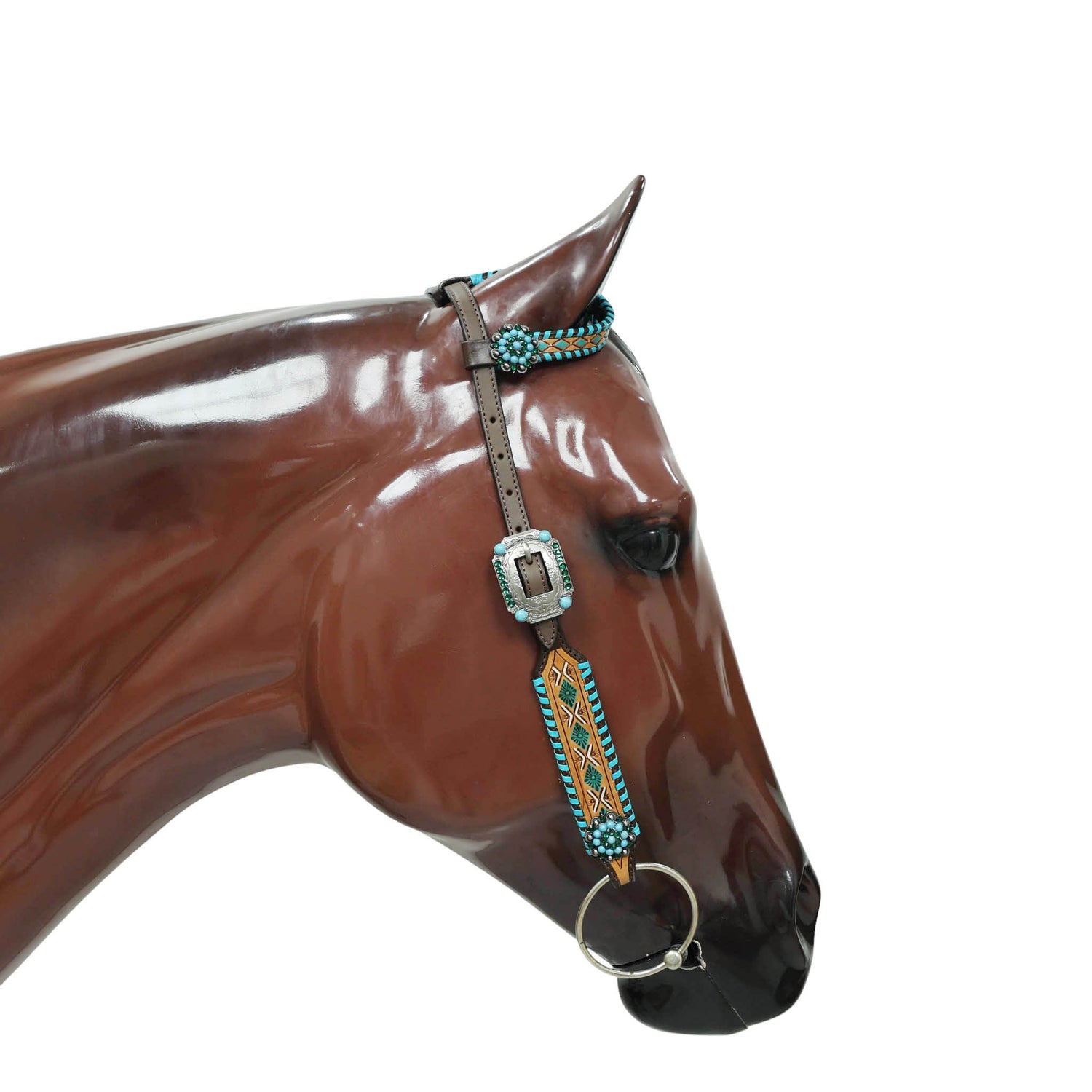 Western Leather Horse Tack Set with Geometrical Tooling, White and Turquoise Painting, and Turquoise Berry Concho on Gladiator Breast Collar MOUSM