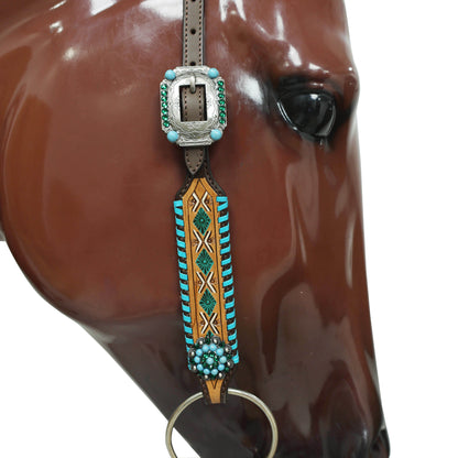 Western Leather Horse Tack Set with Geometrical Tooling, White and Turquoise Painting, and Turquoise Berry Concho on Gladiator Breast Collar MOUSM