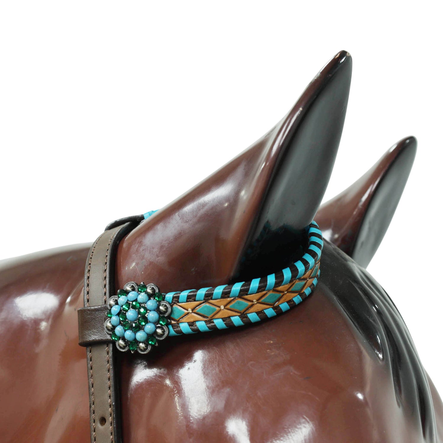 Western Leather Horse Tack Set with Geometrical Tooling, White and Turquoise Painting, and Turquoise Berry Concho on Gladiator Breast Collar MOUSM