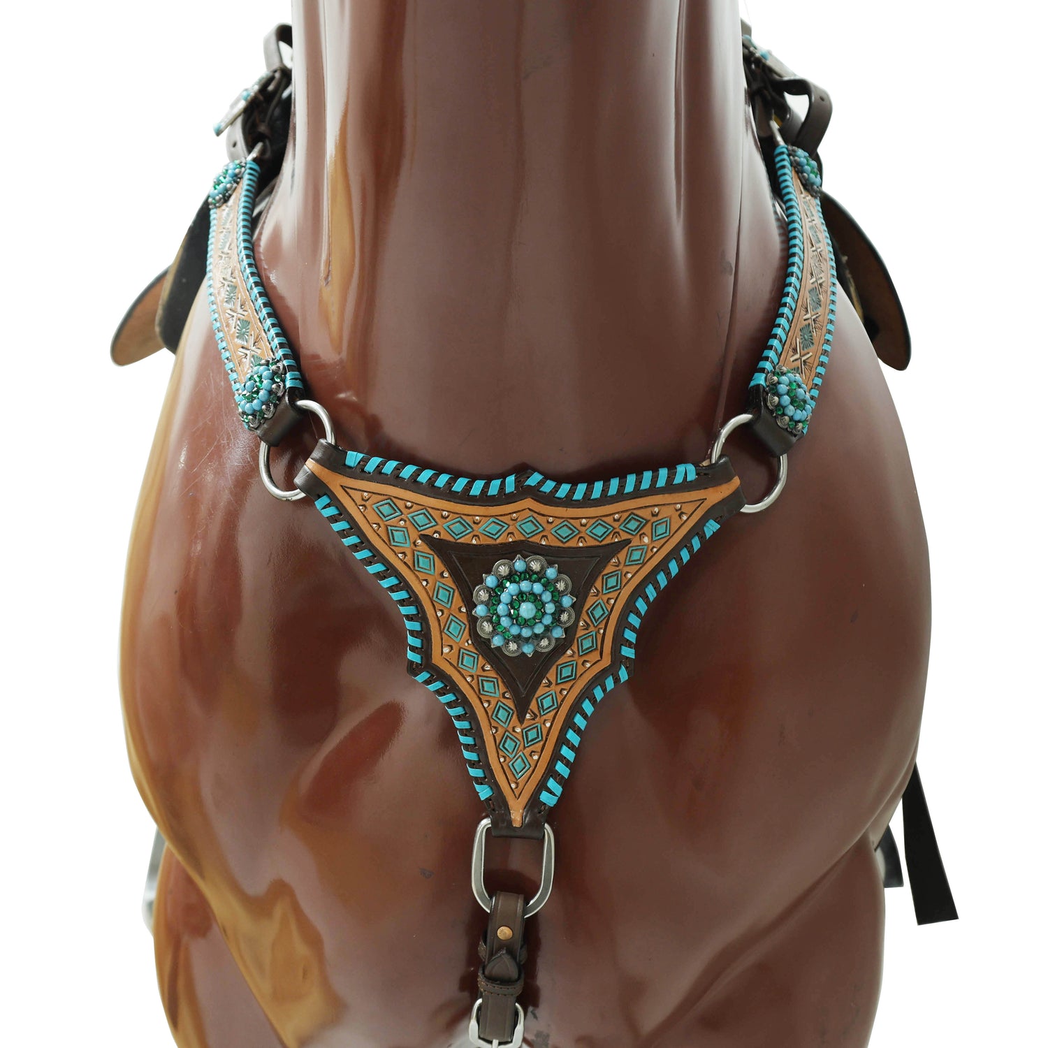 Western Leather Horse Tack Set with Geometrical Tooling, White and Turquoise Painting, and Turquoise Berry Concho on Gladiator Breast Collar MOUSM