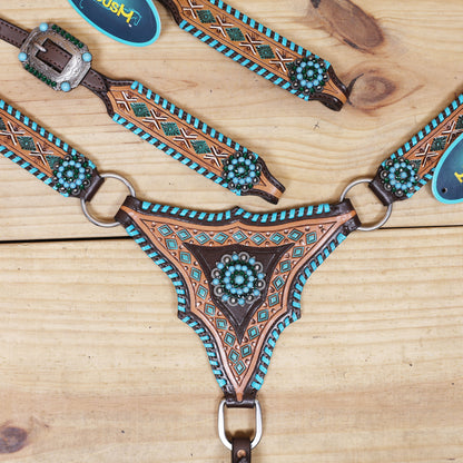 Western Leather Horse Tack Set with Geometrical Tooling, White and Turquoise Painting, and Turquoise Berry Concho on Gladiator Breast Collar MOUSM