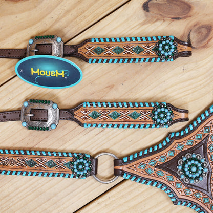Western Leather Horse Tack Set with Geometrical Tooling, White and Turquoise Painting, and Turquoise Berry Concho on Gladiator Breast Collar MOUSM