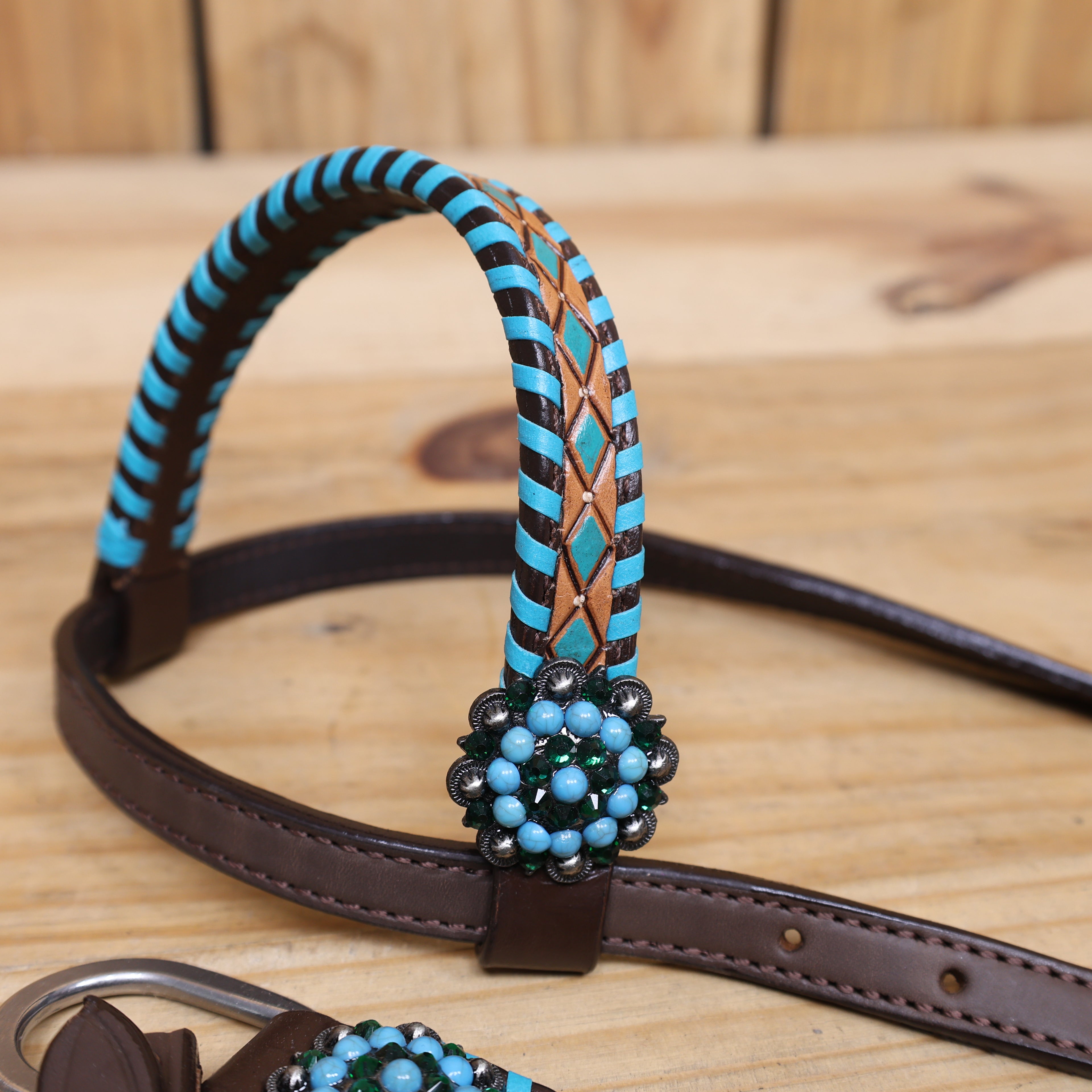 Western Leather Horse Tack Set with Geometrical Tooling, White and Turquoise Painting, and Turquoise Berry Concho on Gladiator Breast Collar MOUSM