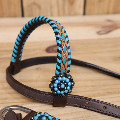 Western Leather Horse Tack Set with Geometrical Tooling, White and Turquoise Painting, and Turquoise Berry Concho on Gladiator Breast Collar MOUSM