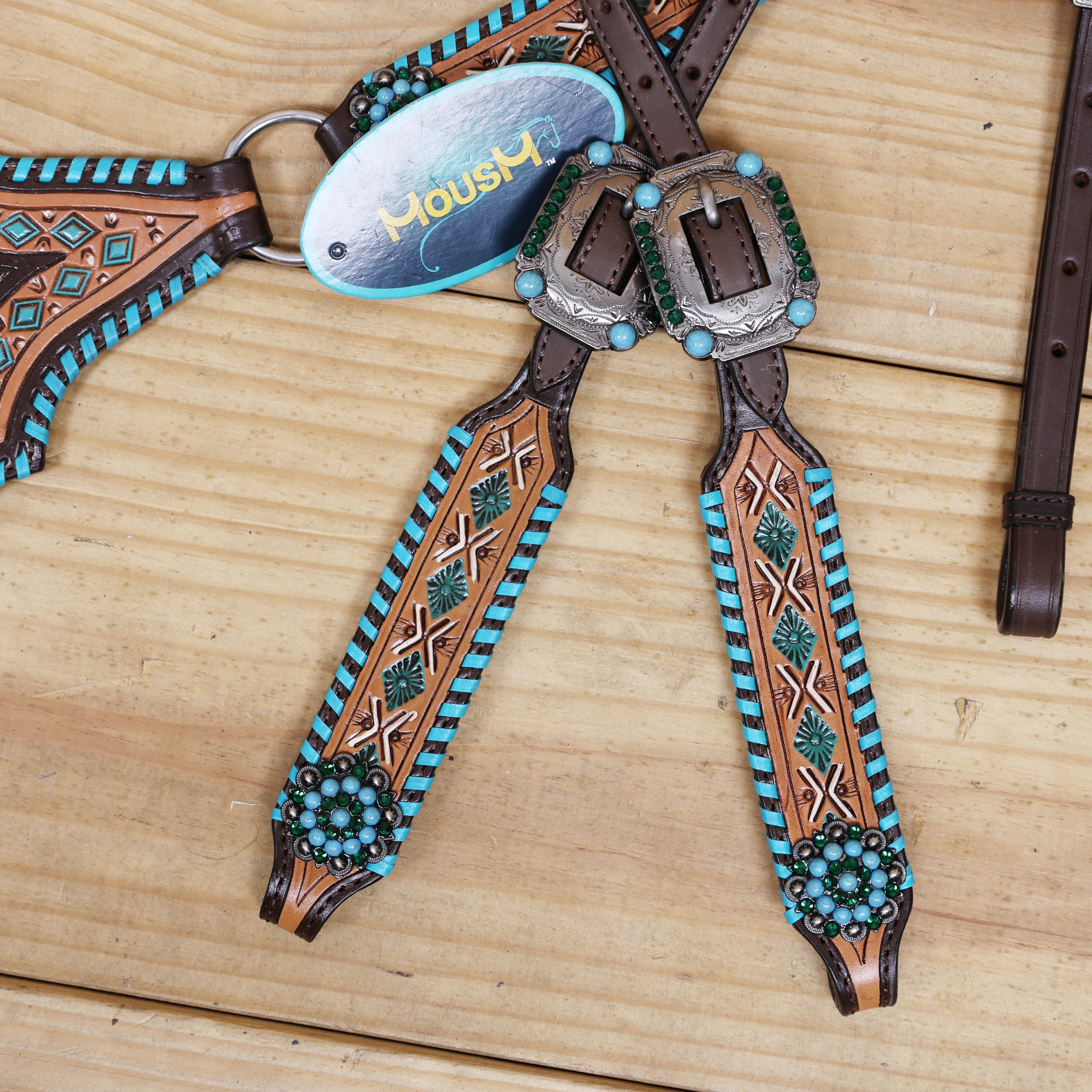 Western Leather Horse Tack Set with Geometrical Tooling, White and Turquoise Painting, and Turquoise Berry Concho on Gladiator Breast Collar MOUSM