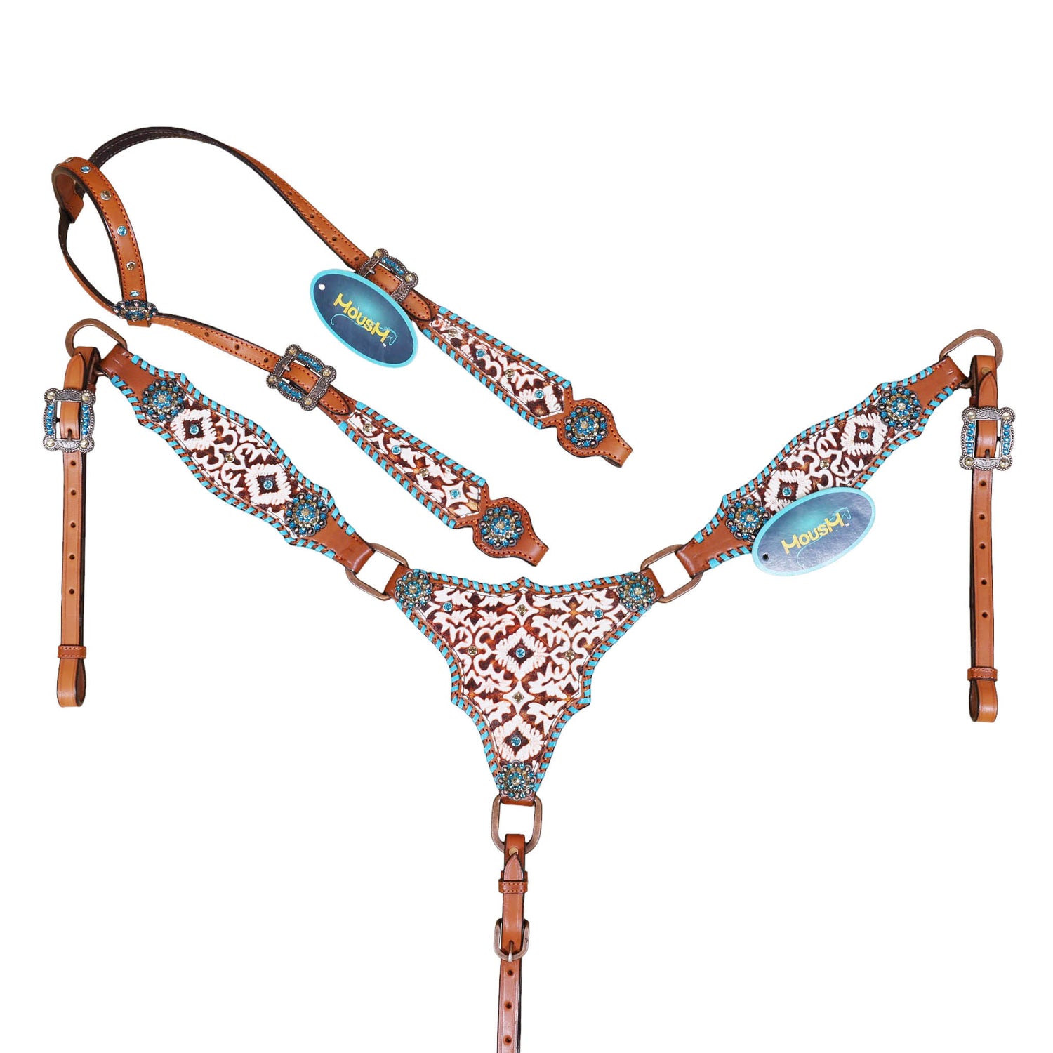 Western Leather Headstall and Breast Collar Tack Set – Argentina Cowhide, Big Ring Hardware, Embossed Aztec 2-Tone Leather