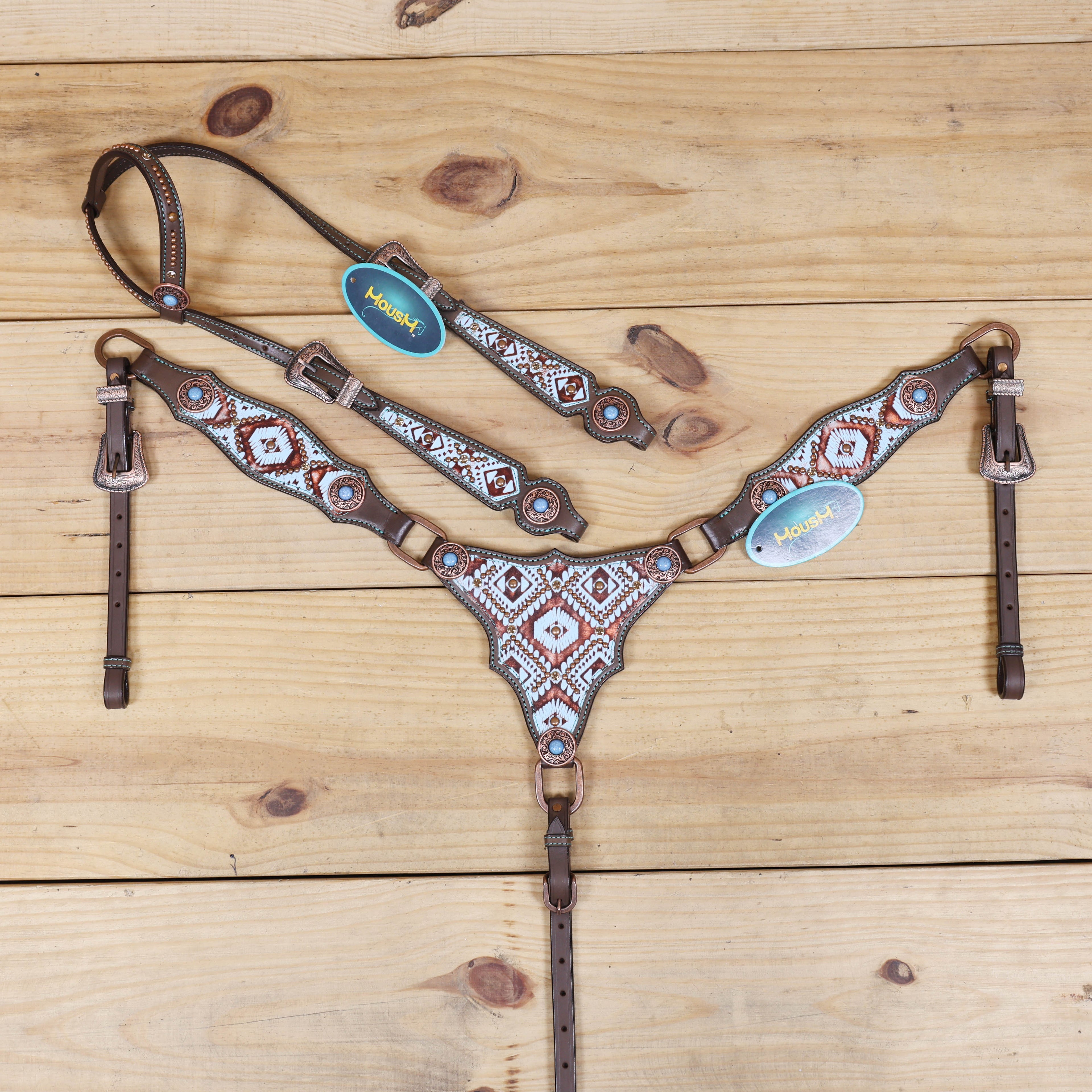 Western Leather Headstall &amp; Breast Collar Set – Genuine Argentina Cowhide, Copper Slot Conchos, Turquoise &amp; Copper Embossed Aztec Print