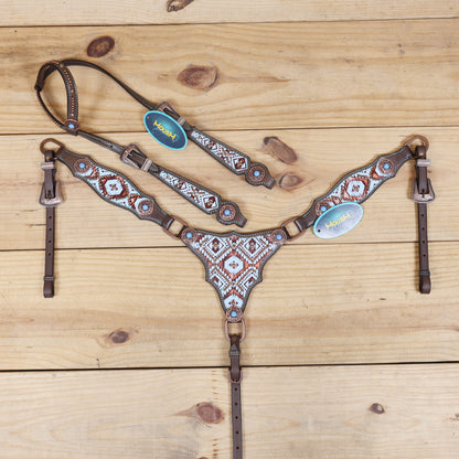 Western Leather Headstall &amp; Breast Collar Set – Genuine Argentina Cowhide, Copper Slot Conchos, Turquoise &amp; Copper Embossed Aztec Print