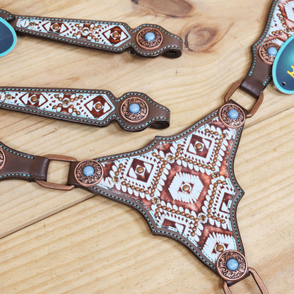 Western Leather Headstall &amp; Breast Collar Set – Genuine Argentina Cowhide, Copper Slot Conchos, Turquoise &amp; Copper Embossed Aztec Print